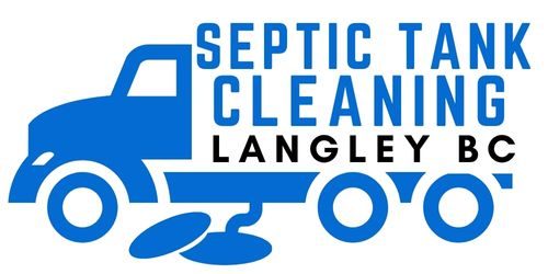 Blue graphic of a septic tank cleaning truck with text above the truck saying "Septic Tank Cleaning Langley BC". While it doesn't specify Coquitlam BC, it's still a great service area!