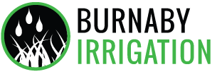 Logo for Burnaby Irrigation featuring a green circle containing white blades of grass and water droplets, alongside the words "Burnaby Irrigation" in dark gray and green, perhaps serving Coquitlam BC.