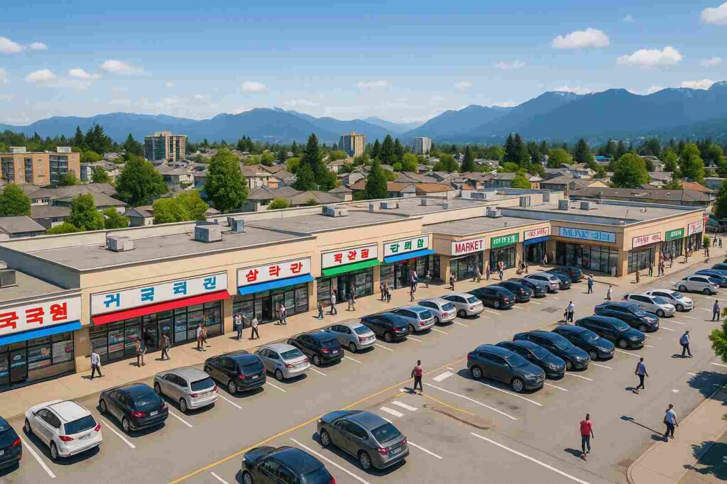 local shopping center with parking lot and mountains | GPS: 49.354013, -122.687021