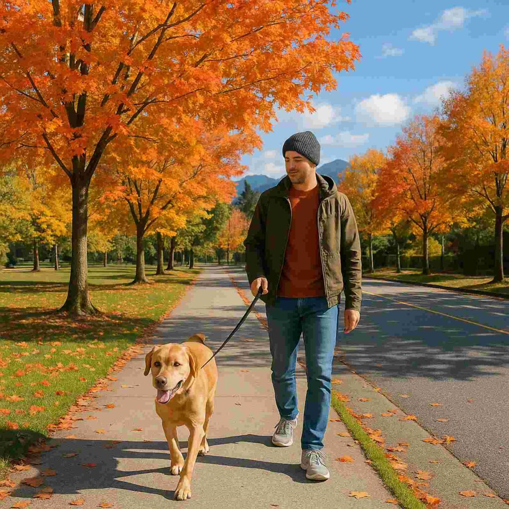 man walking dog in autumn park local views autumn leaves | GPS: 49.363693, -122.672181