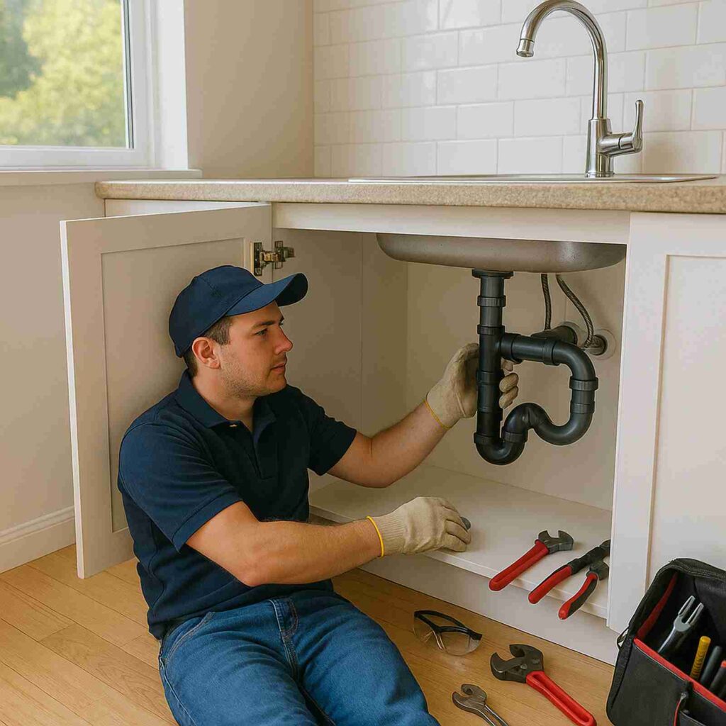 plumber repairing sink pipes in kitchen directory | GPS: 49.371910, -122.659584
