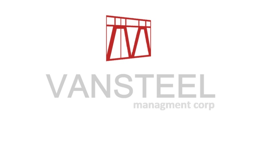 The logo features "VANSTEEL managment corp" in grey with a stylized red steel frame icon above it, representing the company from Coquitlam, BC.