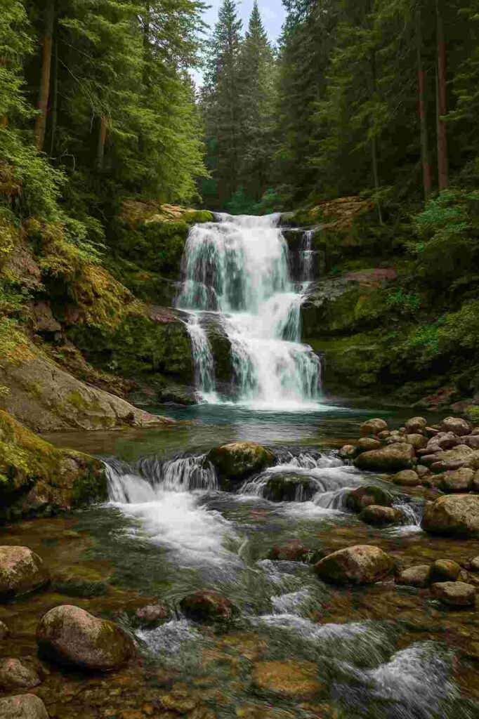 waterfall and stream in forest directory | GPS: 49.308631, -122.756591