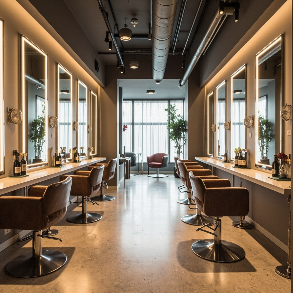 Coquitlam hair salon with sleek styling stations, floor-to-ceiling mirrors and soft ambient lighting