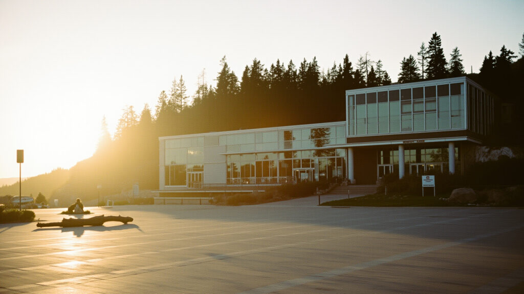 Modern shopping mall exterior at golden hour with wide plaza and BC trees silhouetted against warm sunset light