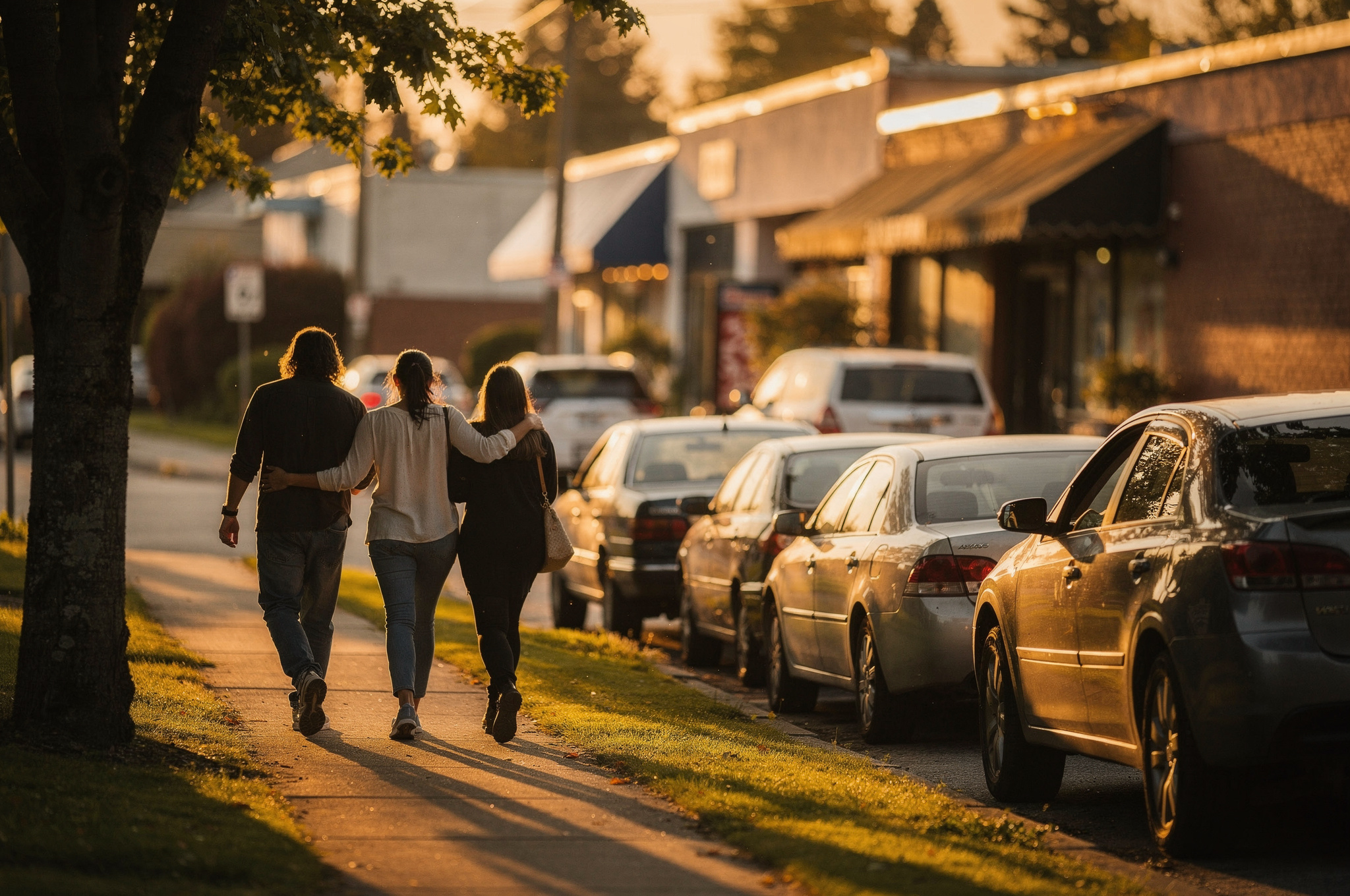 pedestrians walking a tree-lined shopping street dining directory | GPS: 49.324684, -122.731982