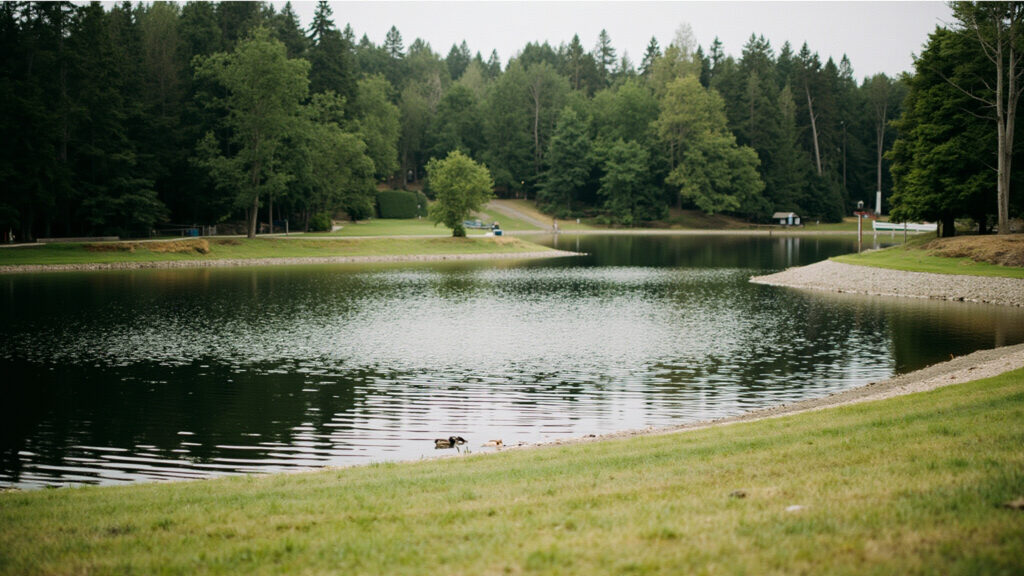 Como Lake Park in Coquitlam with ducks on the calm water and green trees surrounding the small neighbourhood lake