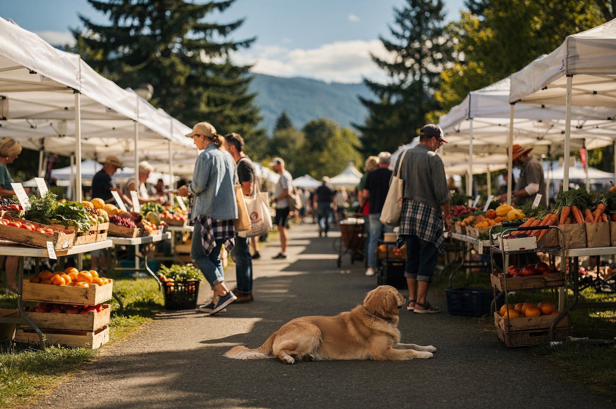 coquitlam farmers market local vendors and shoppers v2 Coquitlam BC Farmers Markets Fresh Local Shoppers with reusable tote bags walk past rows of white tents piled with fresh produce at an outdoor farmers market, with a dog resting on the path and mountains in the distance