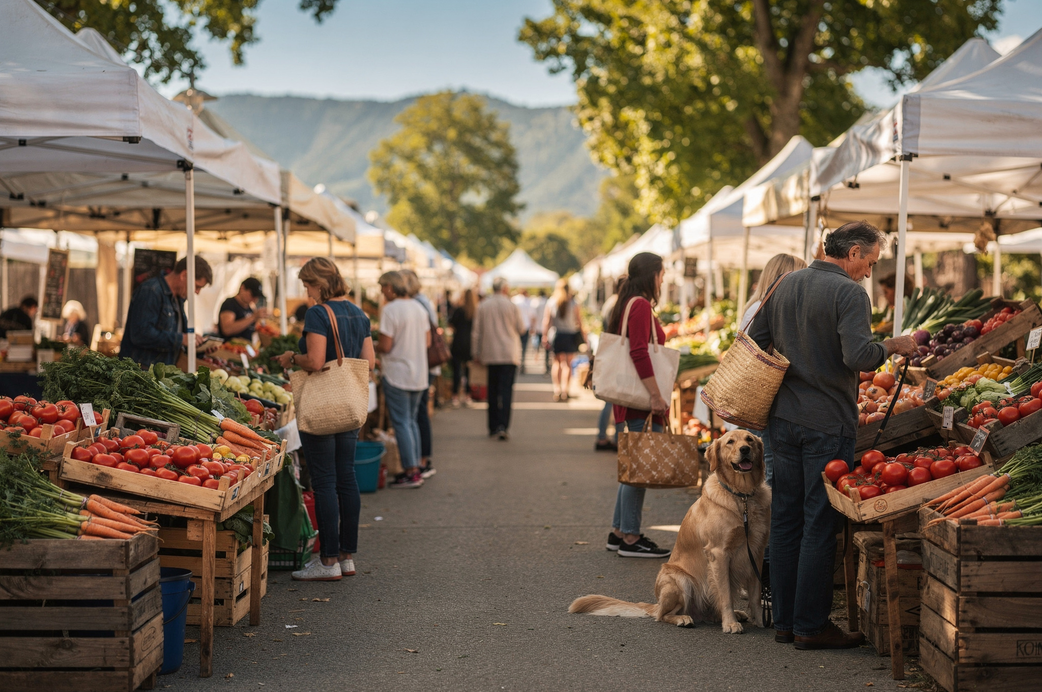 coquitlam farmers market summer produce and people v2 Coquitlam BC Farmers Markets Fresh Local Crates of fresh tomatoes and carrots line a farmers market pathway as shoppers and a dog on a leash browse the stalls under summer trees