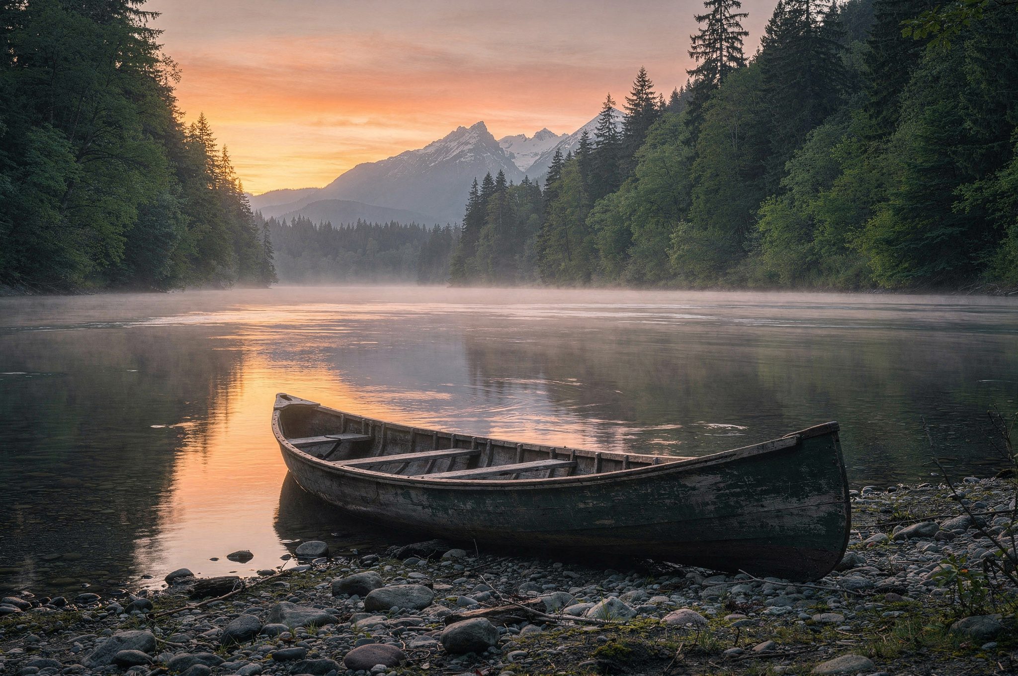 Coquitlam River sunset with forest and mountains and a wooden canoe on the shore | GPS: 49.367253, -122.666723
