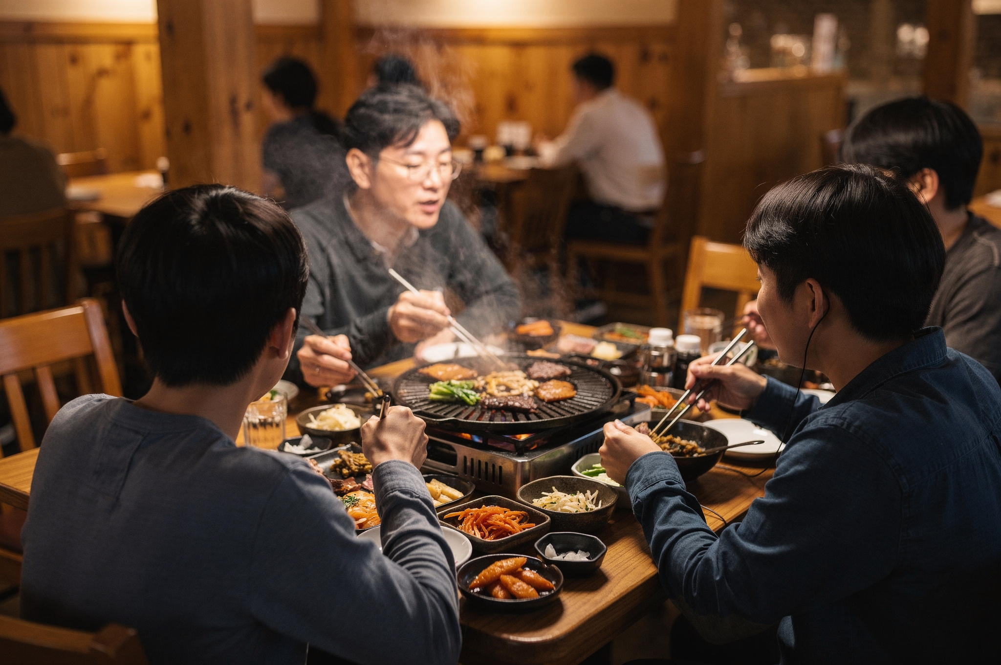 family enjoying local food at restaurant window v2 Korea Town in Coquitlam family enjoying korean bbq at restaurant table