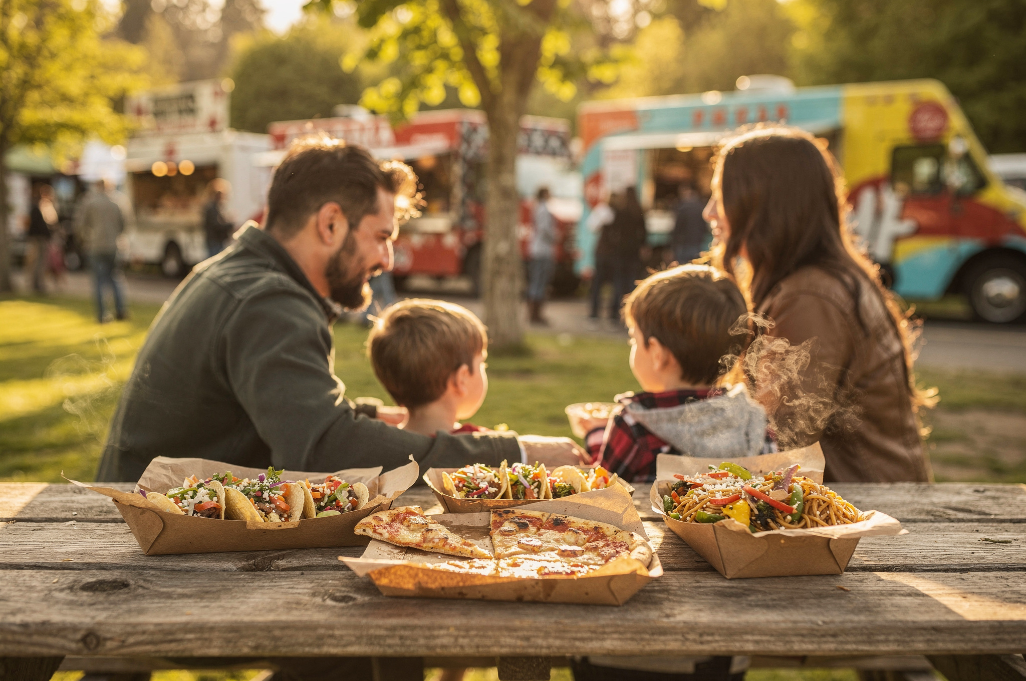 family enjoying local food festival austin heights v2 Austin Heights Coquitlam: Neighbourhood Food Tour A family enjoys food truck fare at a picnic table during a sunny day in Coquitlam BC.