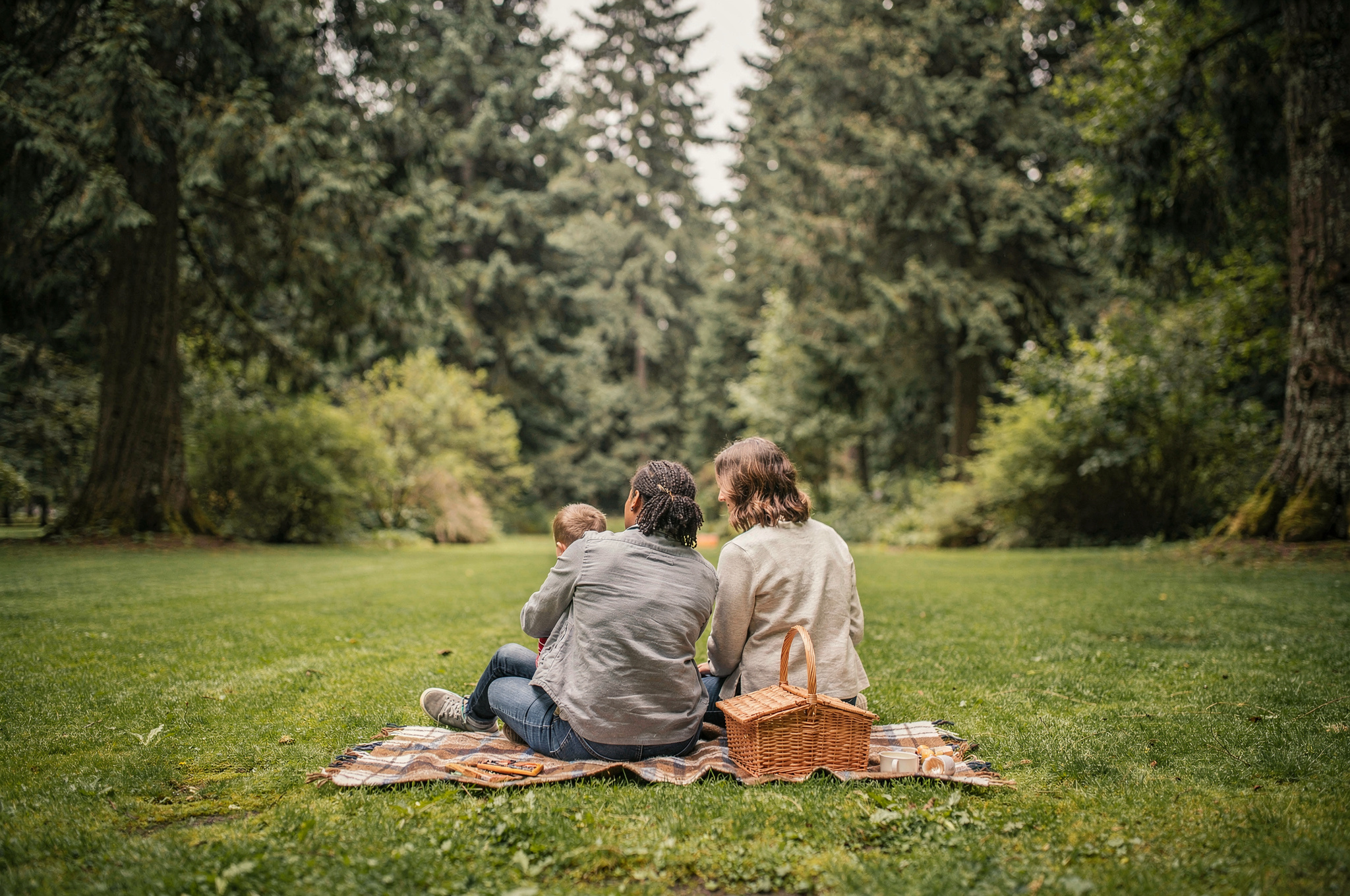 family picnic park lawn coquitlam v2 Parks In Coquitlam for family outings Family sitting on a picnic blanket on a grassy lawn surrounded by tall evergreen trees in a Coquitlam park