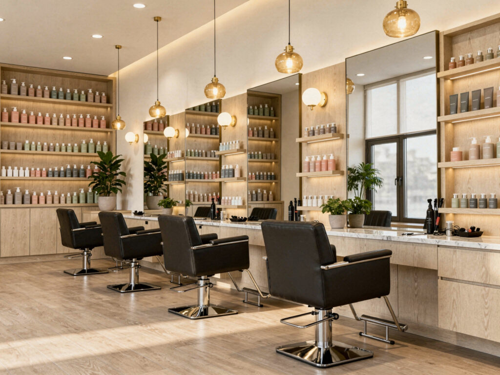 Coquitlam hair salon interior with empty styling chairs, mirrors and organized product shelves