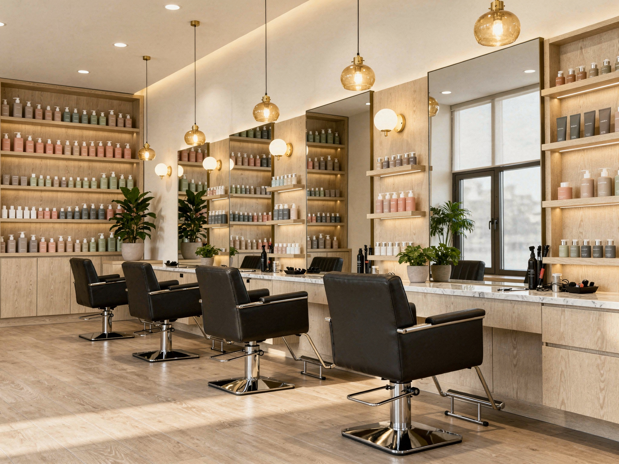 Coquitlam hair salon interior with empty styling chairs, mirrors and organized product shelves
