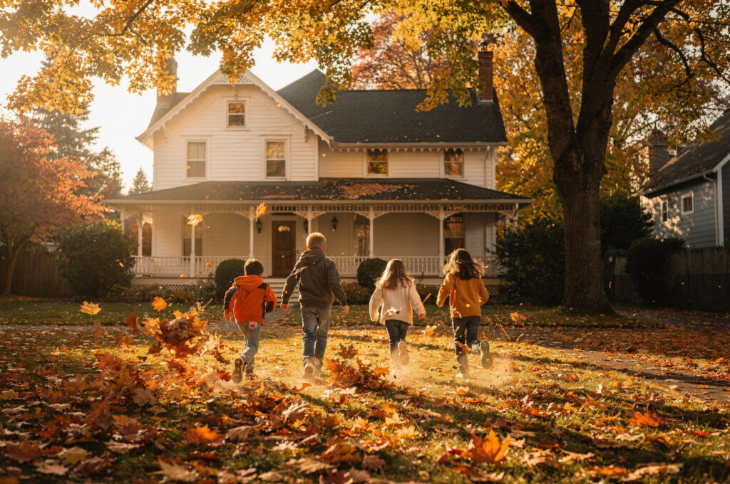 four children running in autumn leaves directory v2 Coquitlam BC Fall Fun Family Activities four children running toward a heritage home in autumn leaves directory | GPS: 49.298261, -122.772488