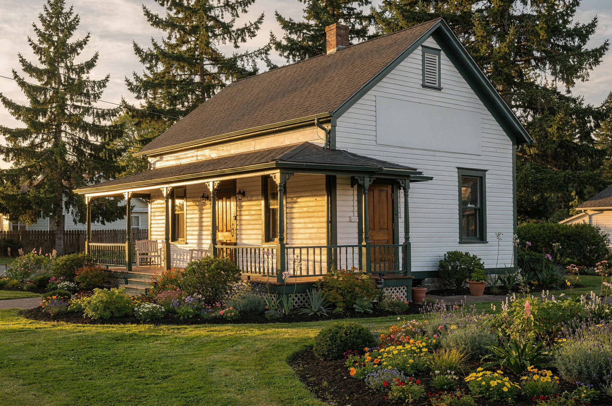 Edwardian era heritage house museum exterior with wraparound porch and flower garden | GPS: 49.315304, -122.746362