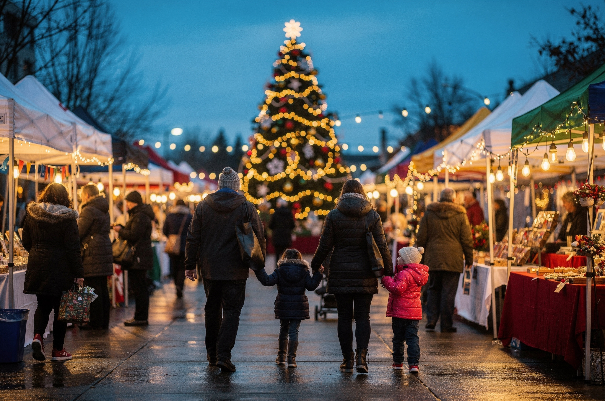 family walking through a Coquitlam holiday craft market at dusk with a lit Christmas tree and market tents