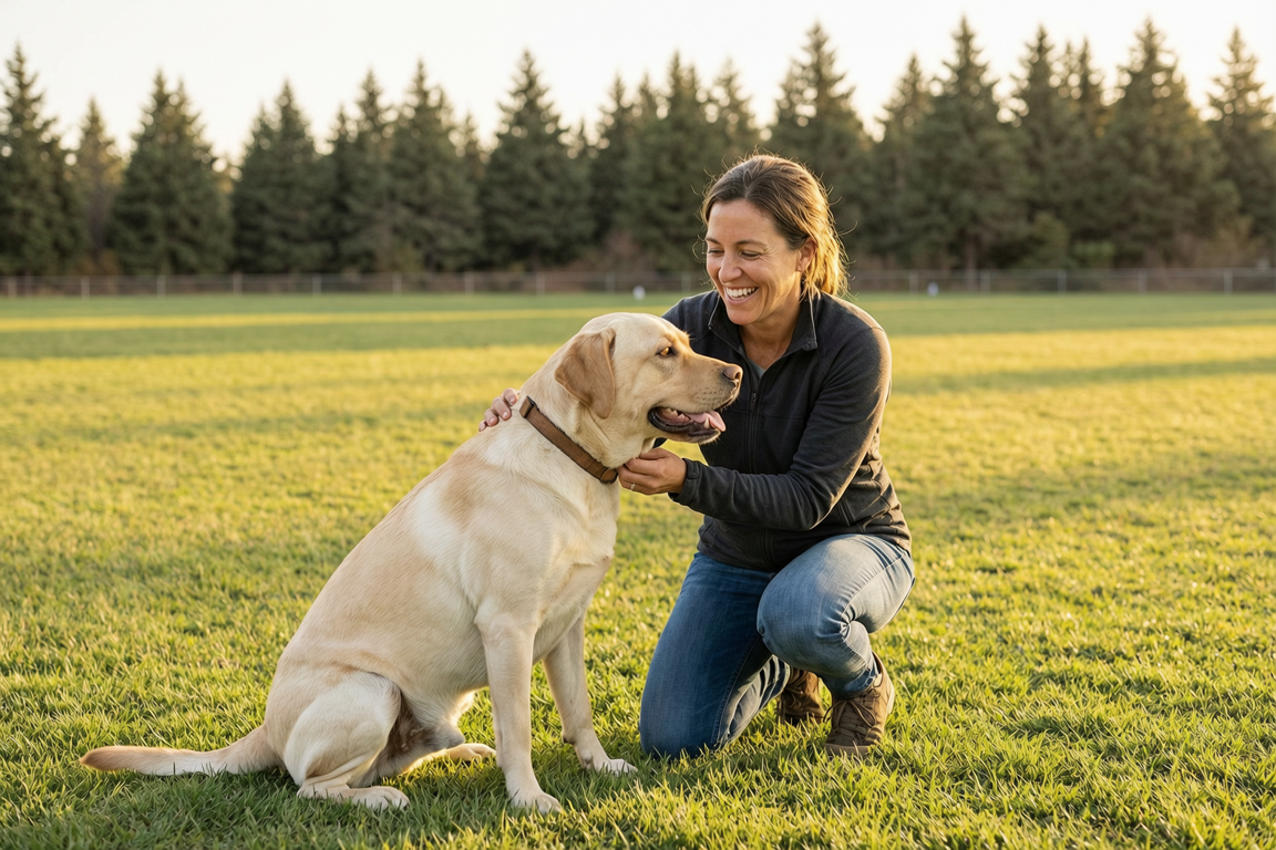 dog owner with labrador at coquitlam dog park gate