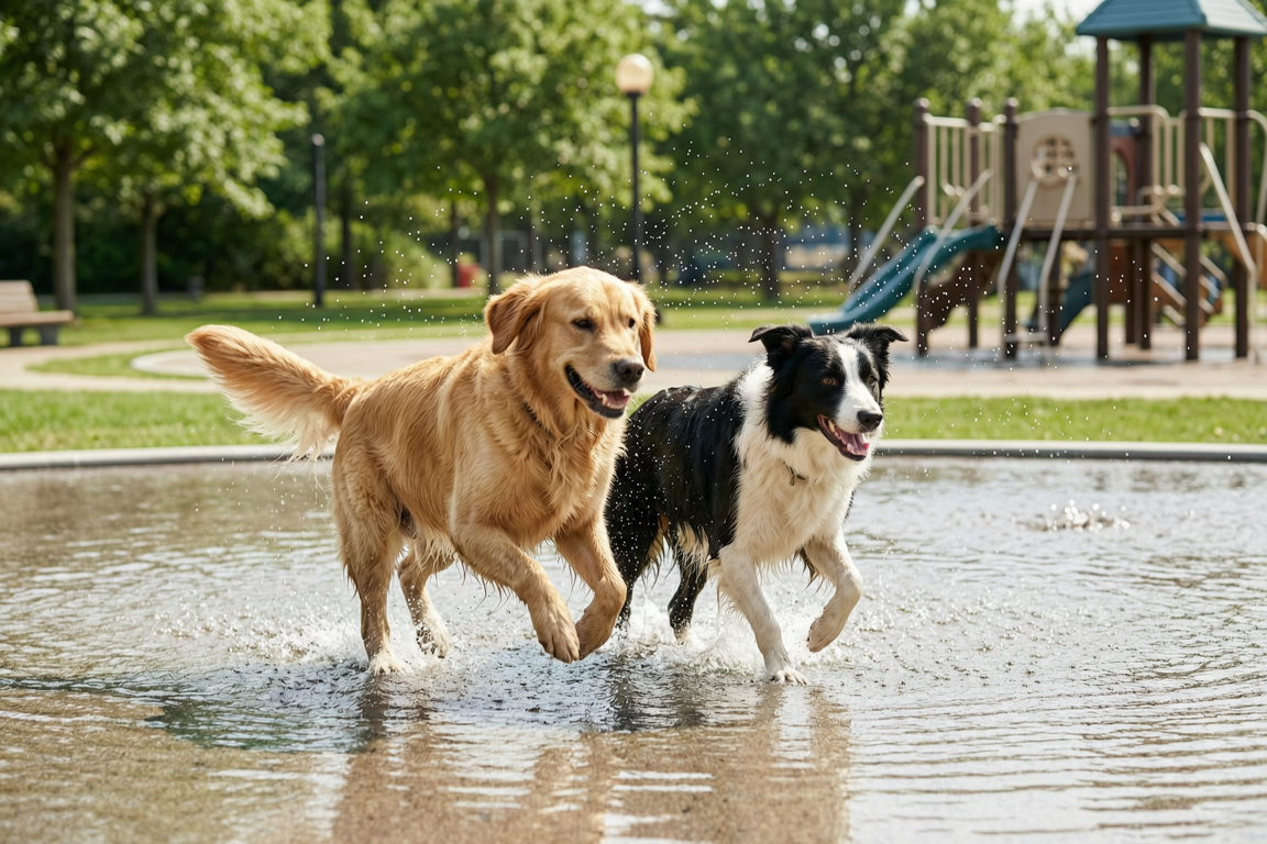two dogs playing in local water splash park | GPS: 49.346095, -122.699158