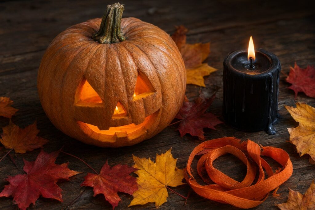 A carved jack-o-lantern lit from a candle with autumn leaves