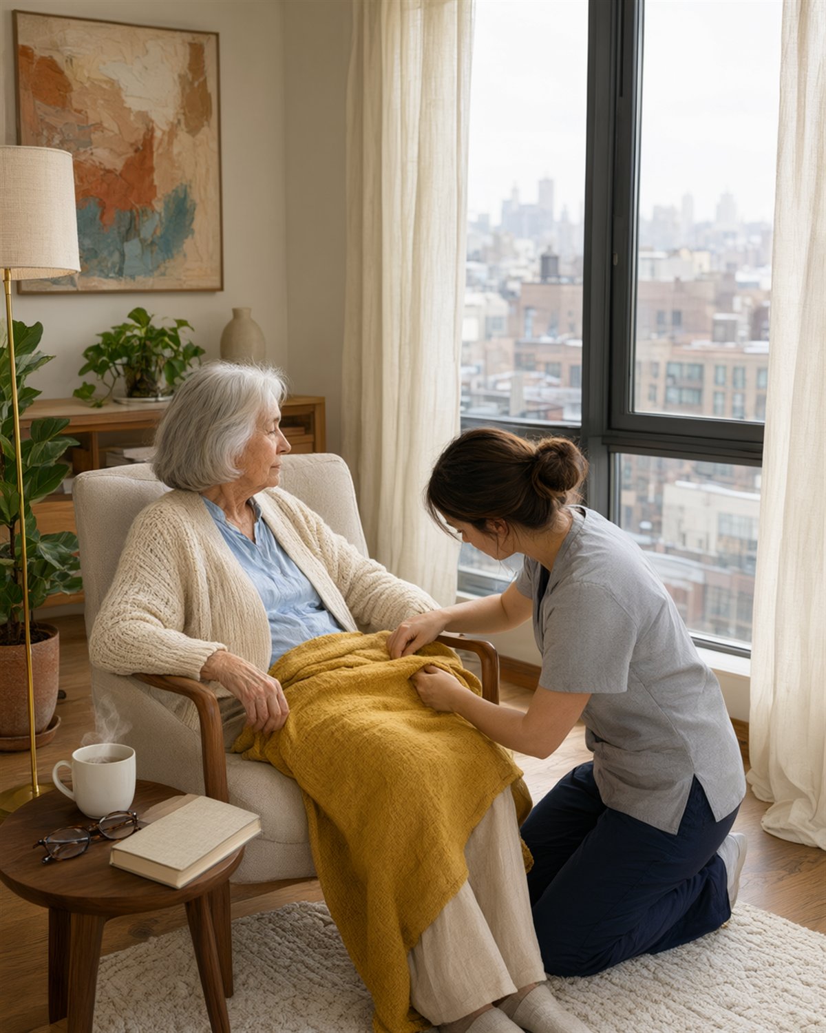 A caregiver adjusting a blanket for an elderly woman beside an apartment window