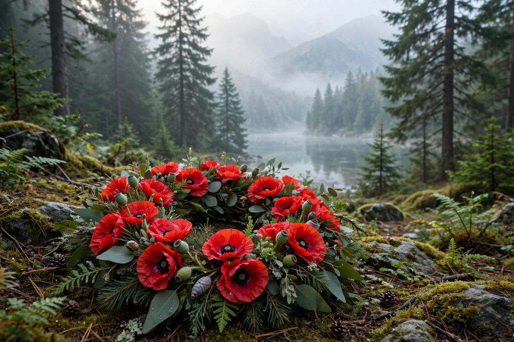 A red poppy wreath in a mountain park with tall evergreen trees and a lake in the distance, morning mist, no people