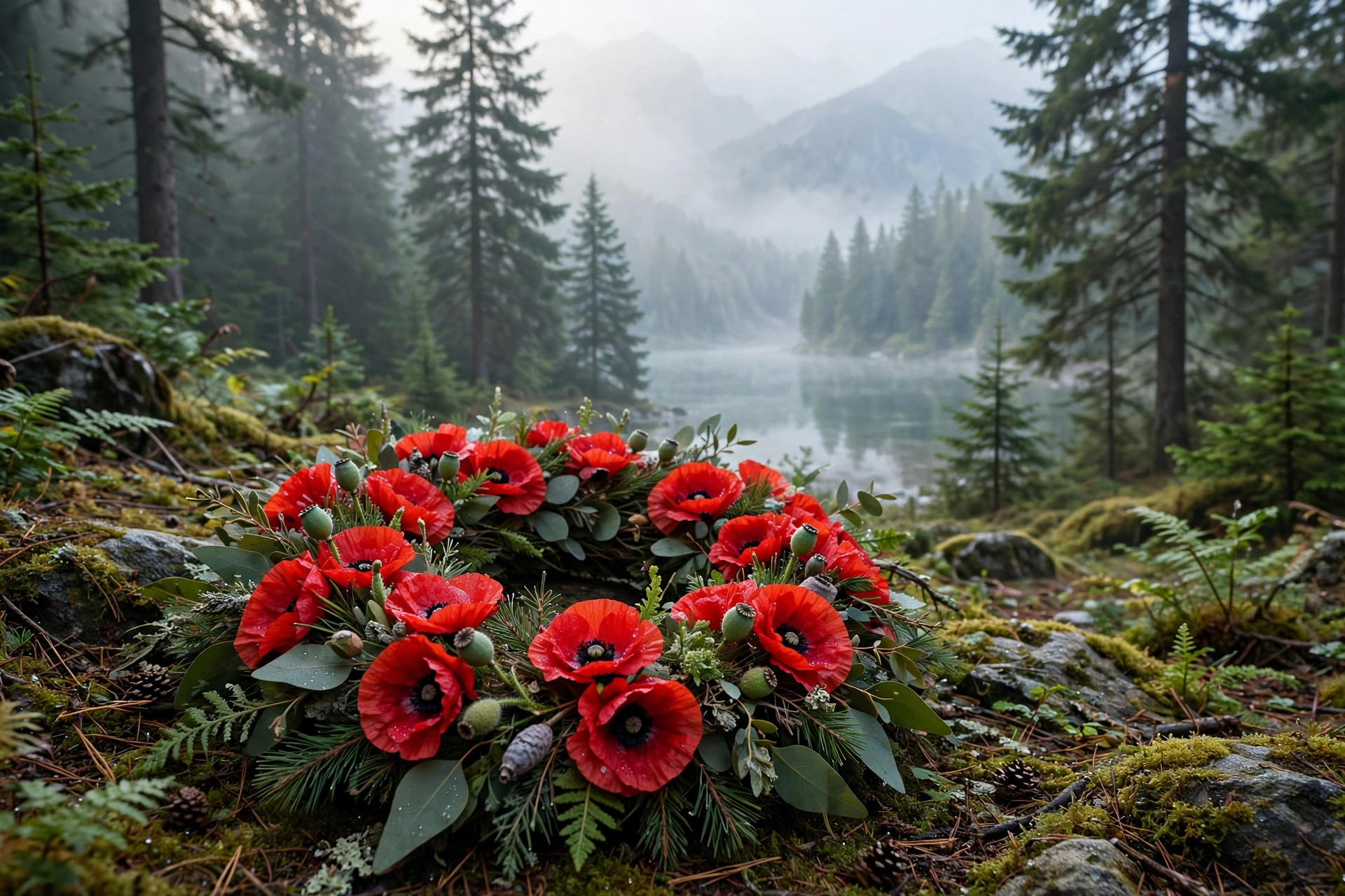 media generation coquitlam wreath mountain park 0 ff698e8b 6258 4689 b511 2f1713f4fdfd Remembrance Day in Coquitlam 2026: The Blue Mountain Park Ceremony and Parade A red poppy wreath in a mountain park with tall evergreen trees and a lake in the distance, morning mist, no people
